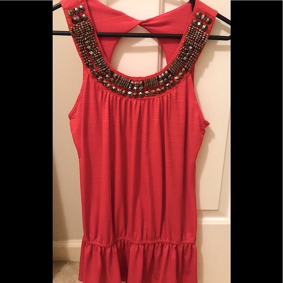 Express Tops - 🆕🔥EXPRESS SILKY BURNT ORANGE EMBELLISHED BRONZEMOCK NECK SLEEVELESS&FITTED TOP